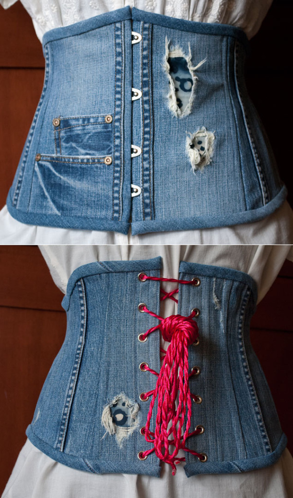 Made from thrift store jeans, with batik cotton inserts and steel bones